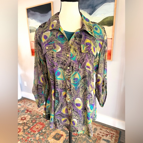 Sarah Michelle Colorful Peacock Feather Blouse - Picture 3 of 13